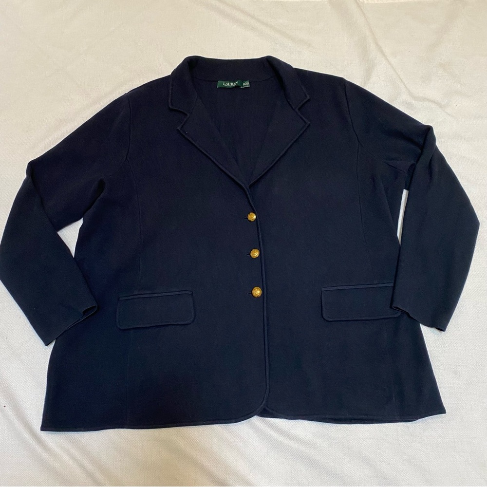 Lauren Ralph Lauren Womens Navy Sweater Knit Blazer 3 Gold Button Pockets 3XL
